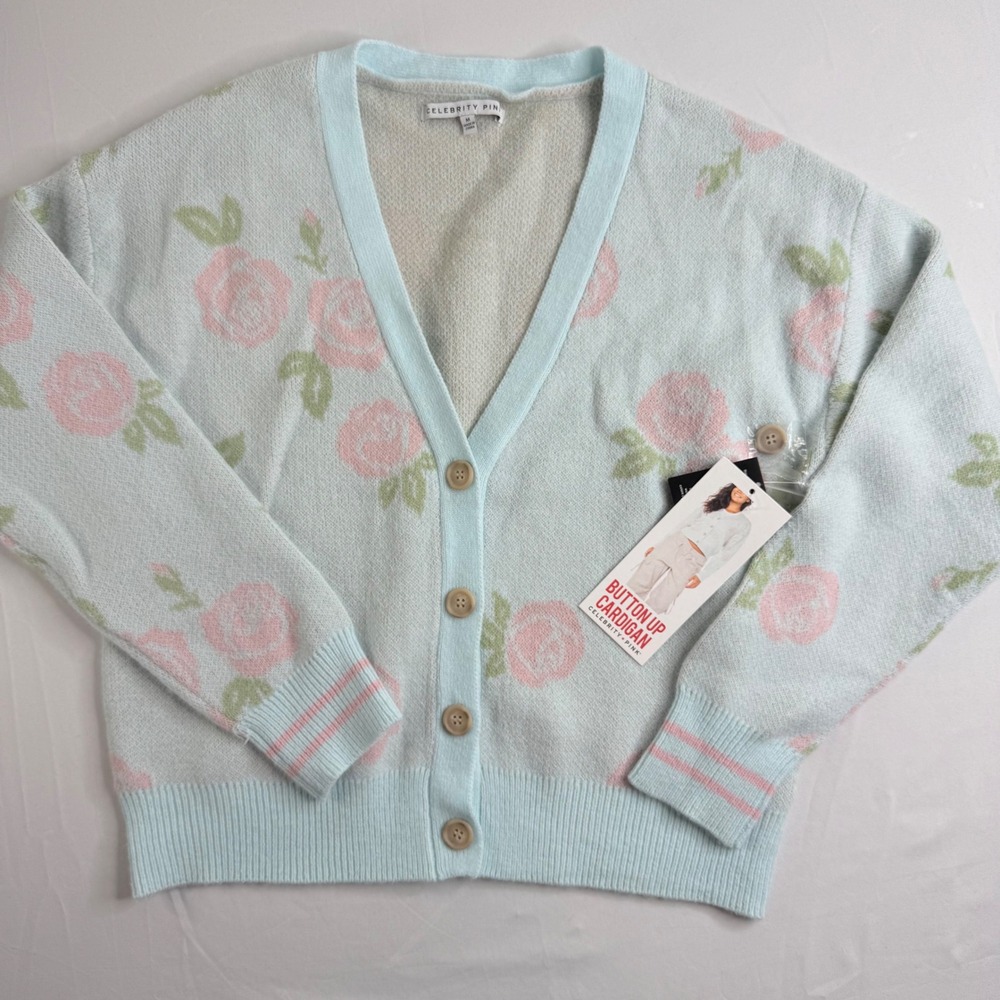 Celebrity Pink Womens Light Blue Pink Rose Floral V-Neck Button Up Cardigan NEW - Picture 3 of 14